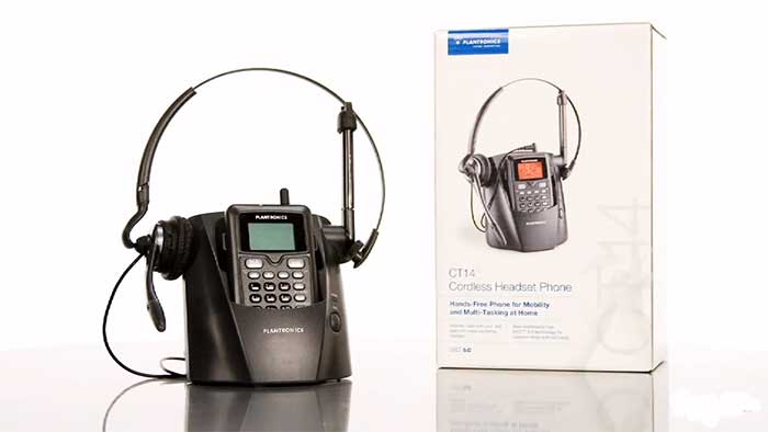 Plantronics CT14 headset telephone next to the retail packaging